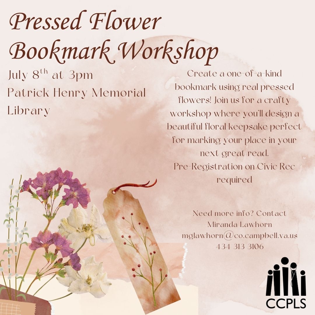 graphic for Pressed Flower Bookmark Workshop July 8 2026