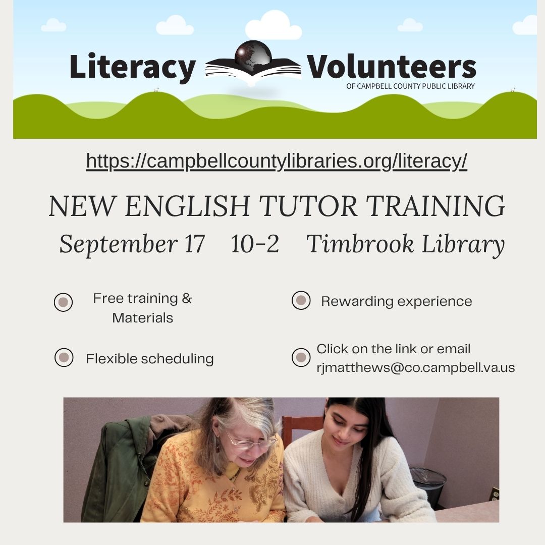 graphic for Literacy Volunteers of Campbell County Public Library new tutor training September 17 2026