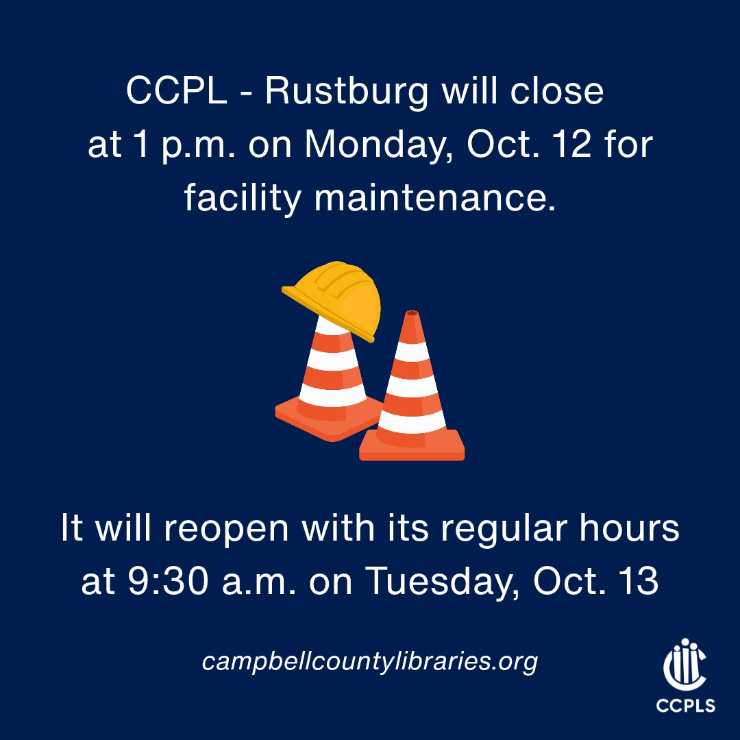 graphic for Rustburg Library closing at 1 p.m. on October 12 2026